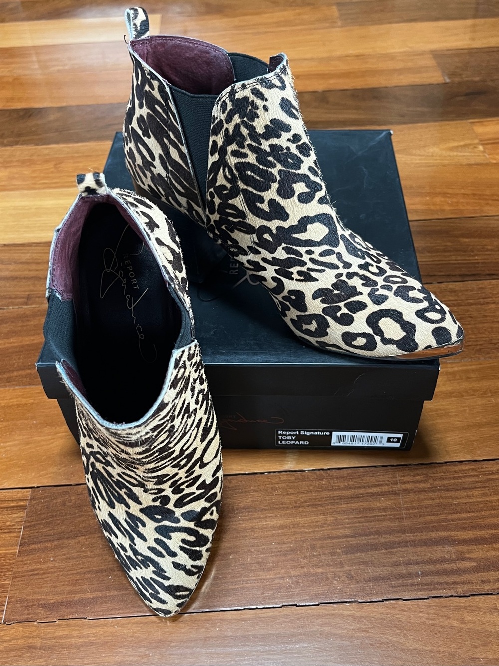 Report Signature Leopard Cowhide Pointed Ankle Booties Metal Toe - Tan & Blk